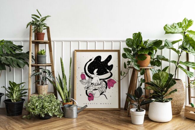 Picture frame mockup psd with line art by a houseplant corner on