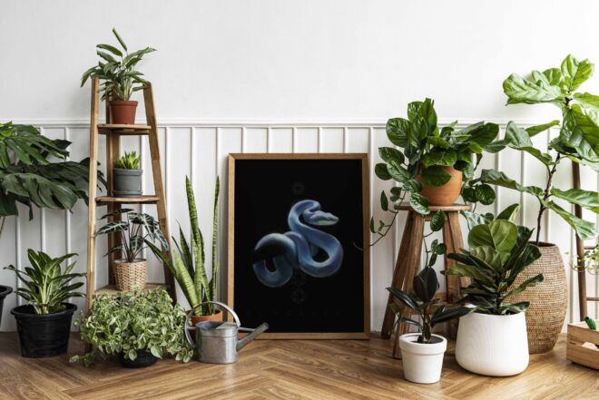 Picture frame mockup psd with line art by a houseplant corner on