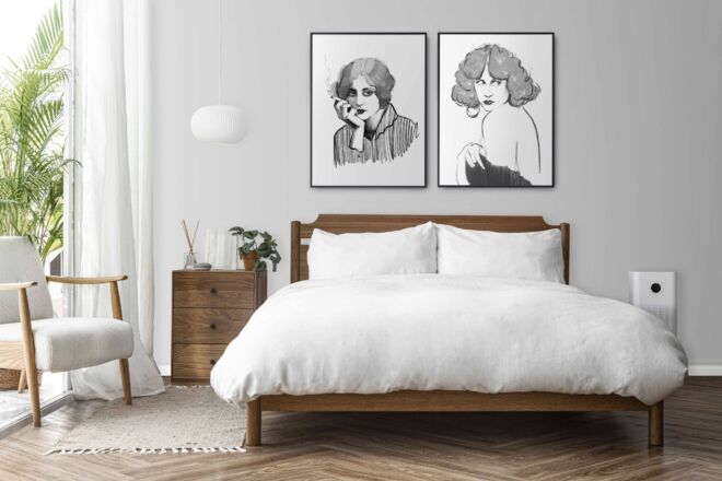 Picture frame mockup psd in a bright and clean modern bedroom