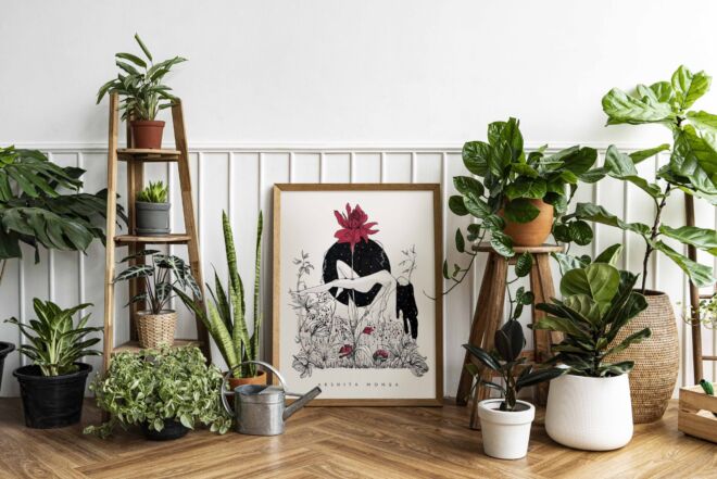 Picture frame mockup psd with line art by a houseplant corner on