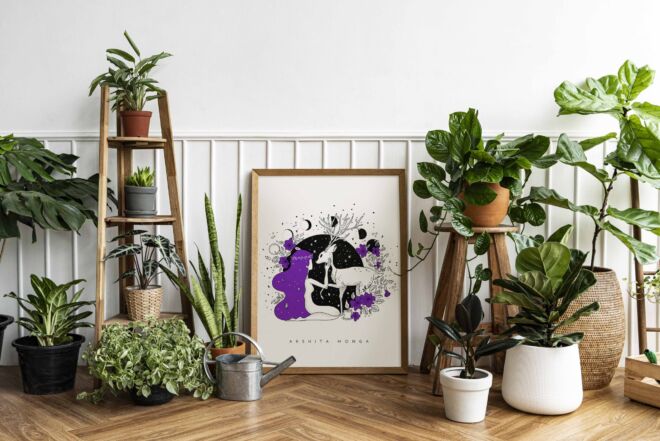 Picture frame mockup psd with line art by a houseplant corner on