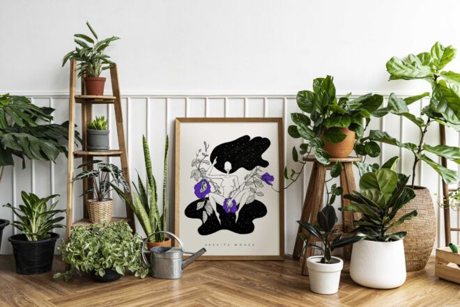 Picture frame mockup psd with line art by a houseplant corner on