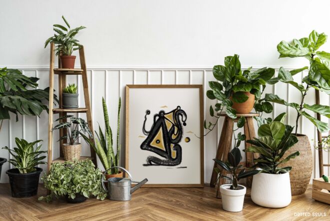 Picture frame mockup psd with line art by a houseplant corner on