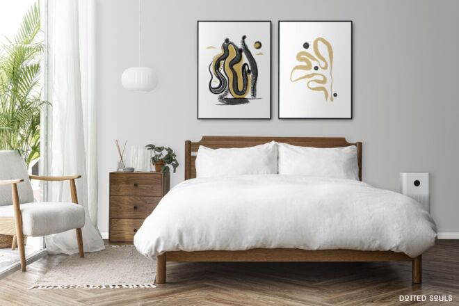 Picture frame mockup psd in a bright and clean modern bedroom